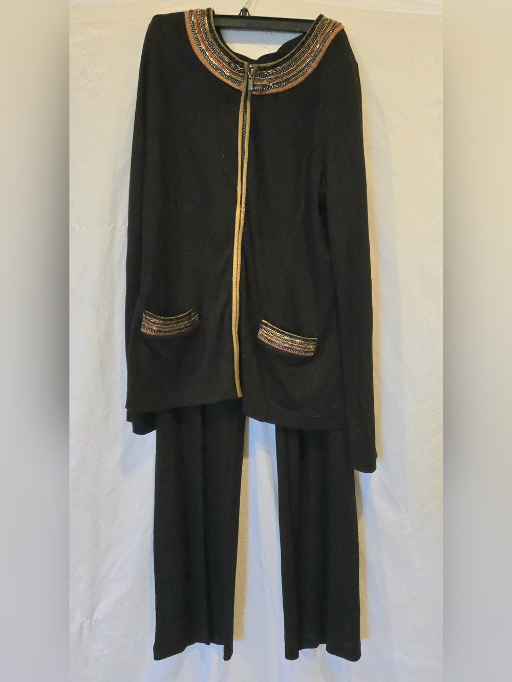 Boston Proper Black Pant Set with Gold Trim and Multicolor Embellishment Large